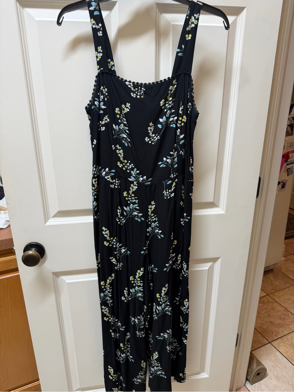 LOFT Black Floral Jumpsuit with Blue and Yellow Accents